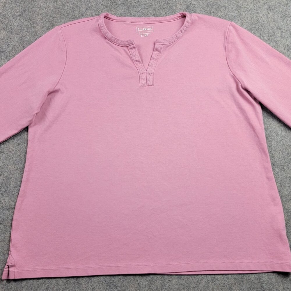 LL Bean Shirt Womens Large Petite LP Pink 3/4 Sleeve Split Neck Cotton Casual